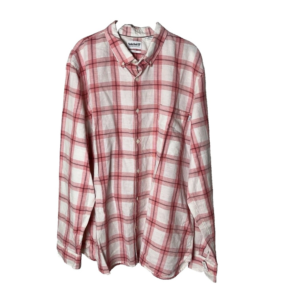 Timberland Men's Shirt Size XL Slim Fit Plaid Long Sleeves Linen Cotton Blend